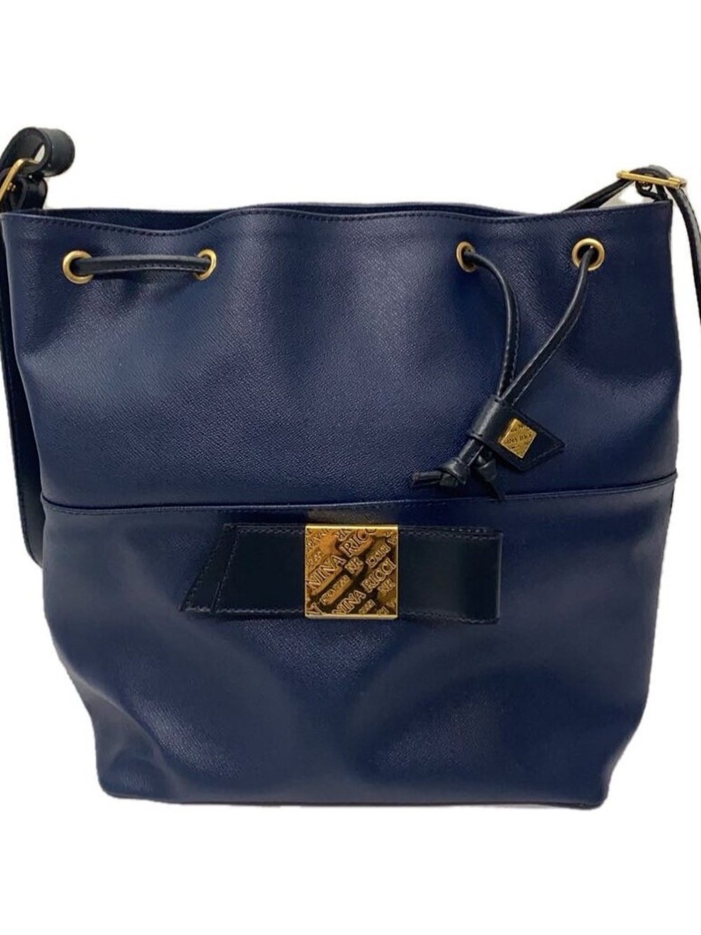 Nina Ricci Navy Blue Leather Drawstring Shoulder Bag with Gold Hardware